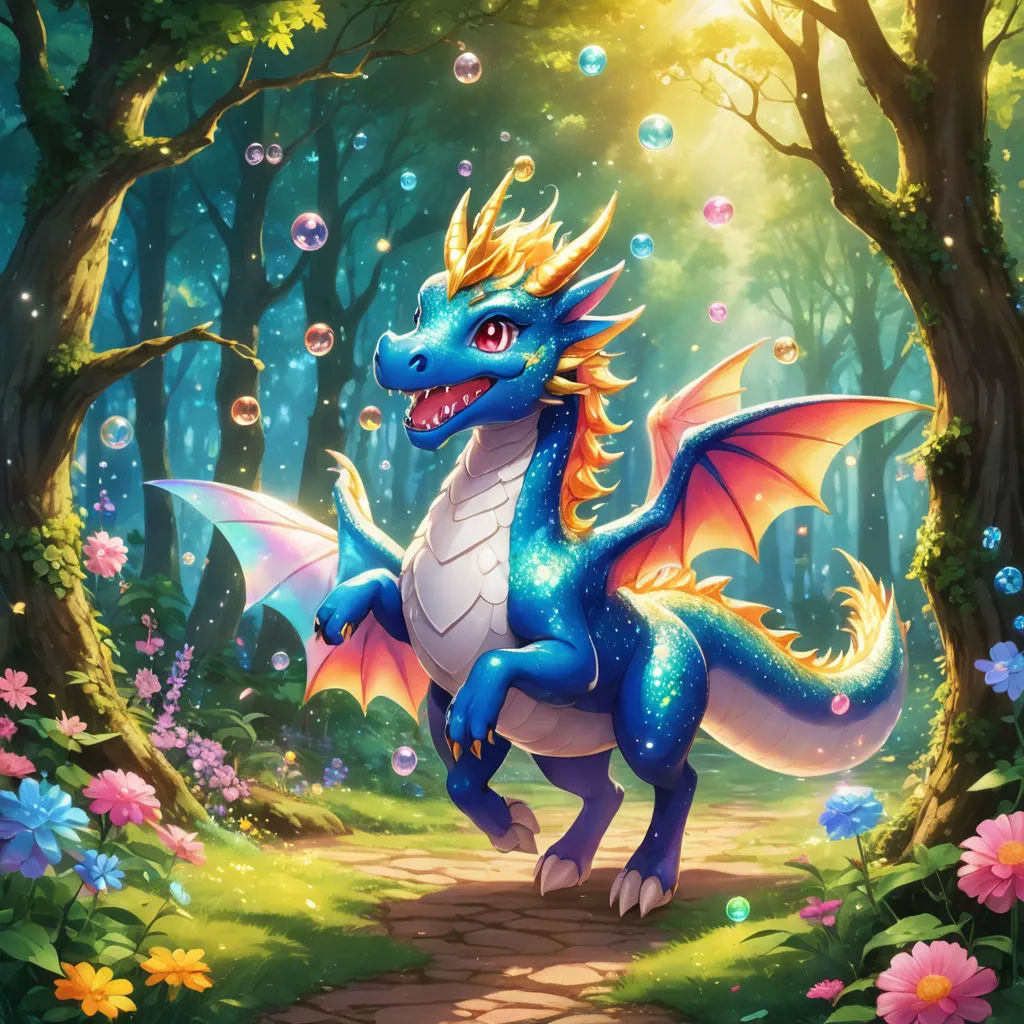 a blue dragon is walking through a forest with bubbles in its mouth and a trail leading to a forest with flowers, fantasy art, concept art, Anne Stokes, dragon art