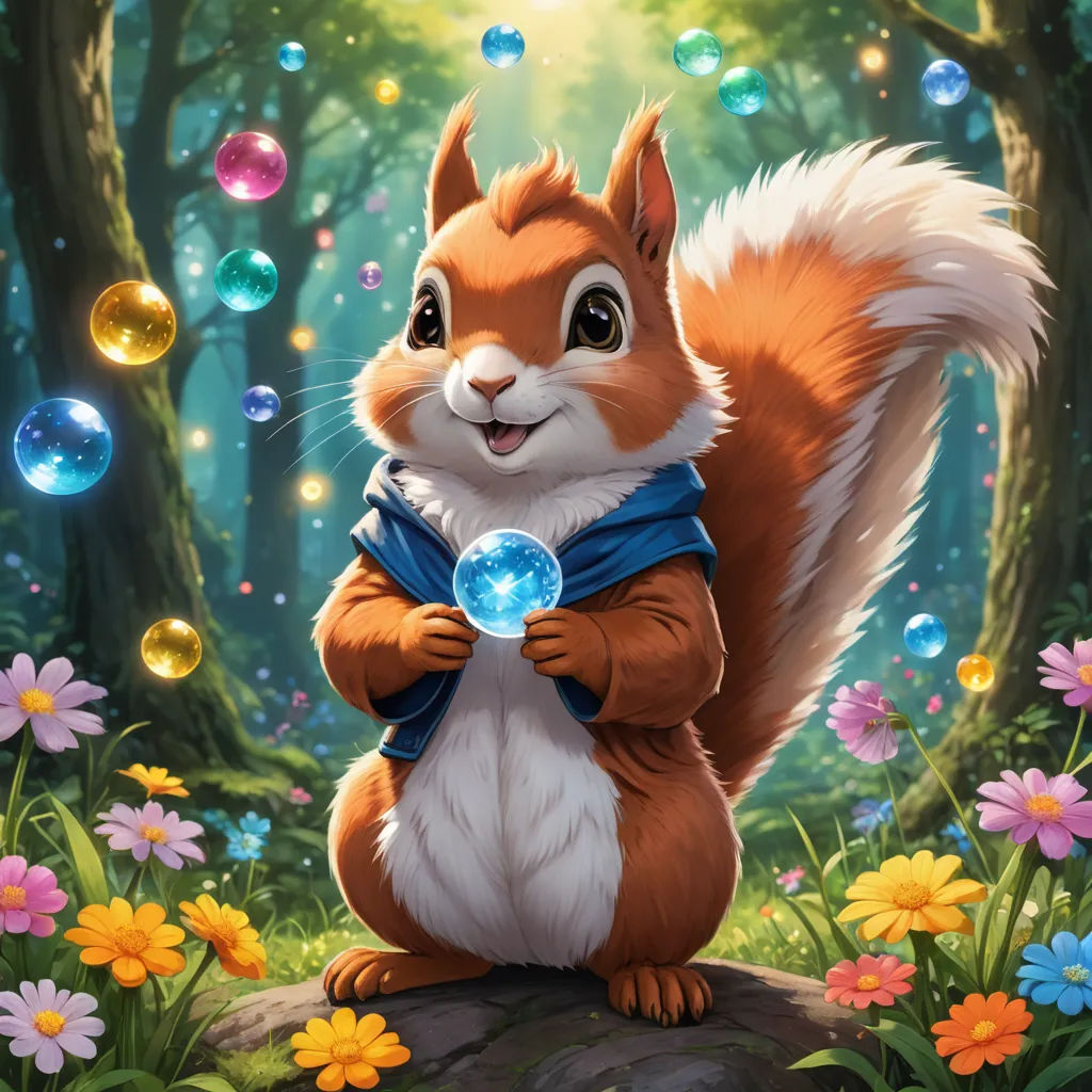 a squirrel holding a crystal ball in a forest with flowers and bubbles around it, with a forest background, sots art, a character portrait, Chris LaBrooy, splash art
