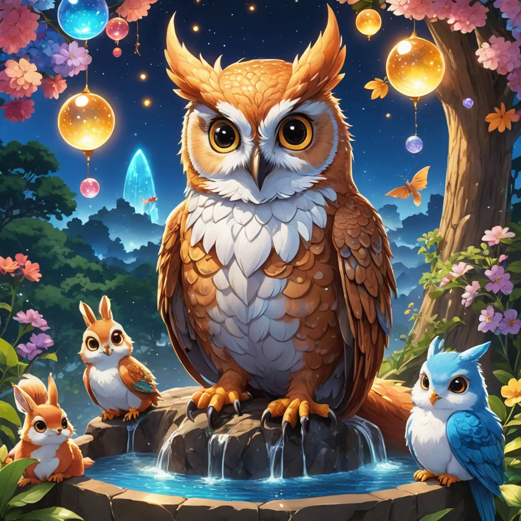 a painting of an owl and her babies by a waterfall with bubbles floating in the air and a forest full of flowers, fantasy art, a detailed painting, Anne Stokes, rossdraws global illumination