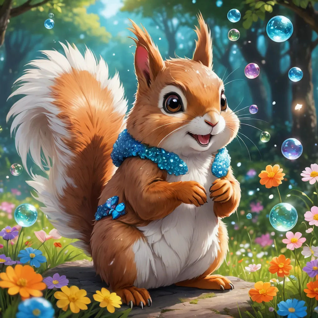 a squirrel is sitting on a rock in a forest with bubbles in the air and flowers around it,, sots art, a detailed painting, Chris LaBrooy, official art