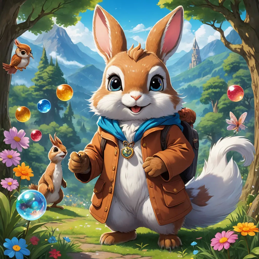 a cartoon rabbit with a backpack and a squirrel in a forest with bubbles in the air and a mountain in the background, furry art, a character portrait, Chris LaBrooy, official art