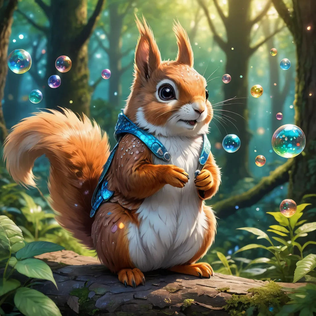 a squirrel is sitting on a log in the woods with bubbles in the air and a blue harness around its neck, fantasy art, an oil painting, Chris LaBrooy, magic the gathering artwork