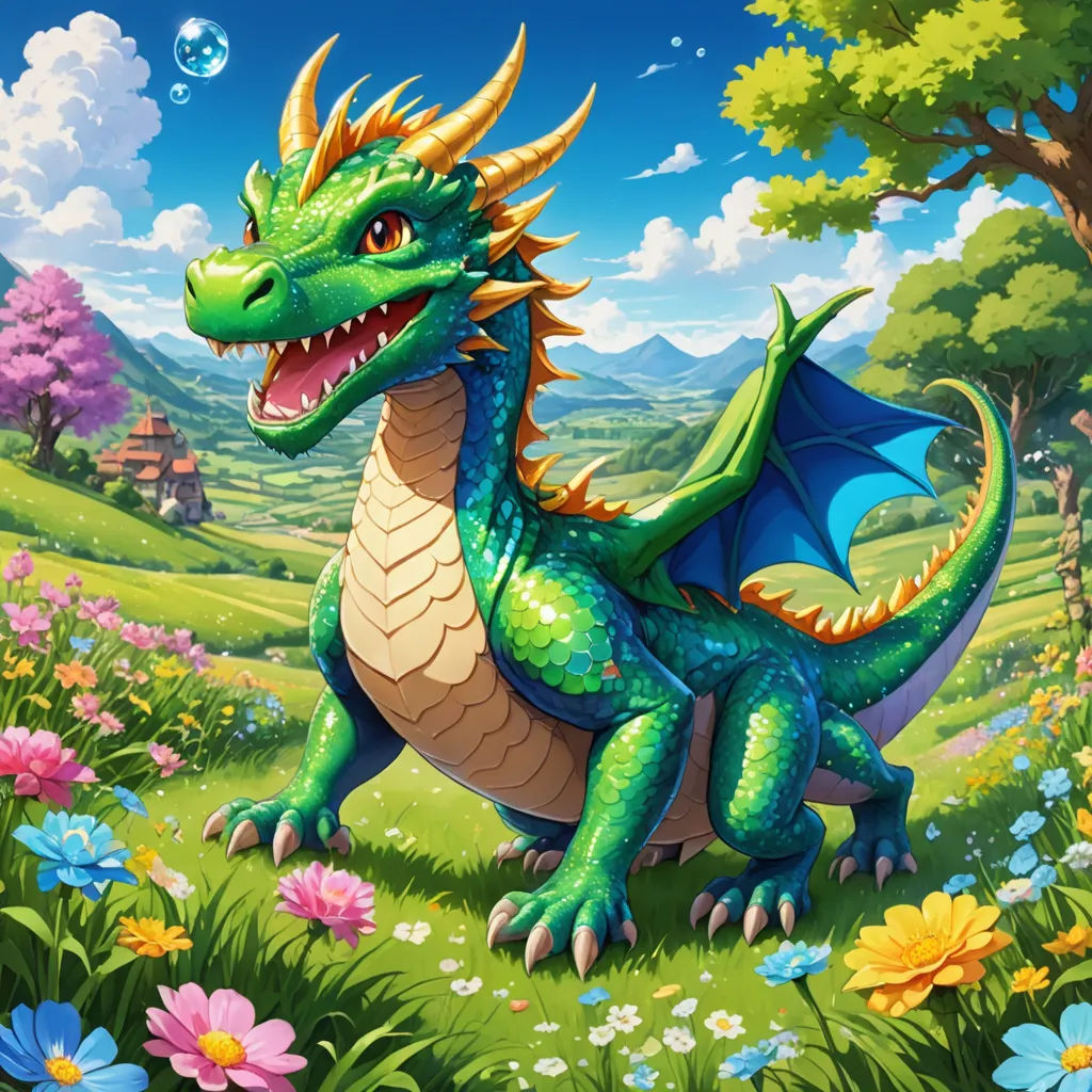 a dragon in a field of flowers and trees with a bubble in the sky above it is a green dragon with a blue tail, fantasy art, a storybook illustration, Anne Stokes, dragon art