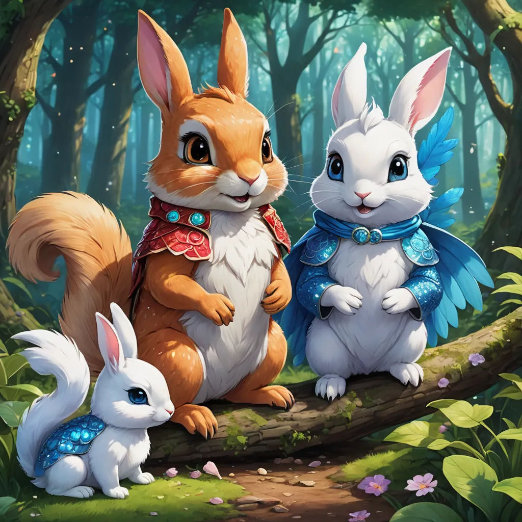 a painting of two rabbits and a bunny in a forest with a bird on its back and a rabbit on its back, fantasy art, a detailed painting, Chris LaBrooy, official art