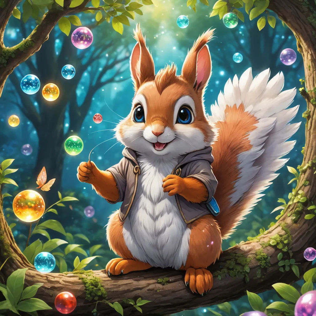 a squirrel is sitting on a branch with bubbles in the background and bubbles in the air around it,, altermodern, a character portrait, Chris LaBrooy, official art
