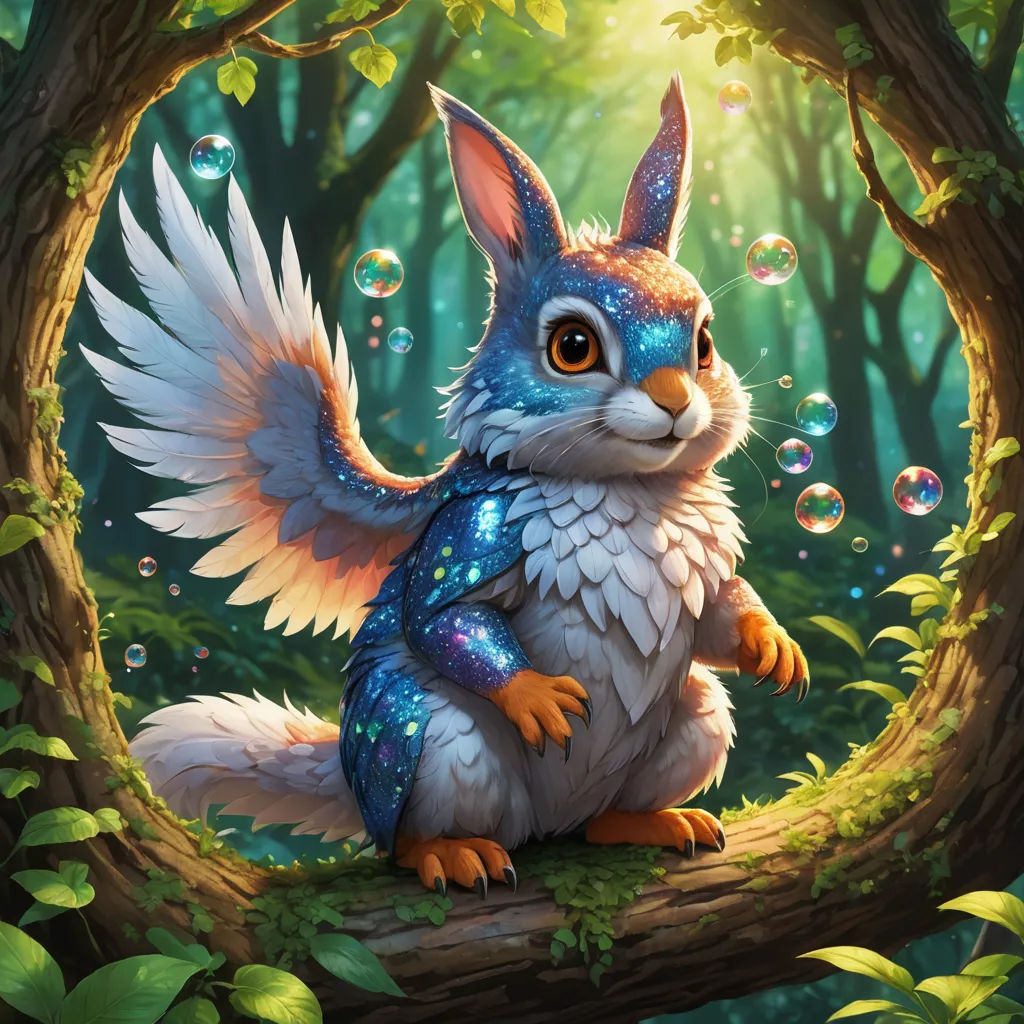 a painting of a squirrel with wings sitting on a branch in a forest with bubbles in the air and a sun shining through the trees, fantasy art, an airbrush painting, Chris LaBrooy, rossdraws global illumination