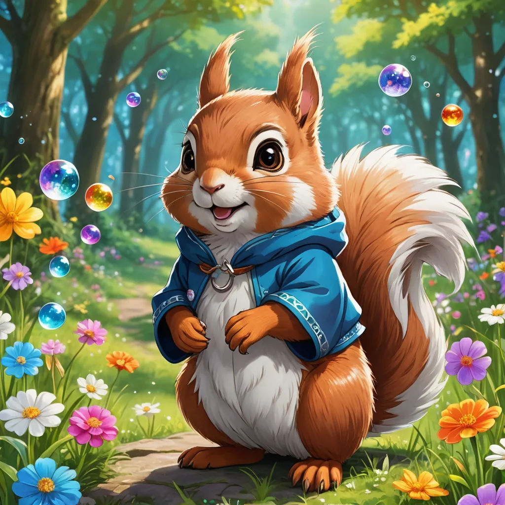 a squirrel in a blue jacket is standing in a field of flowers and bubbles with a forest background and trees, sots art, a character portrait, Chris LaBrooy, official art