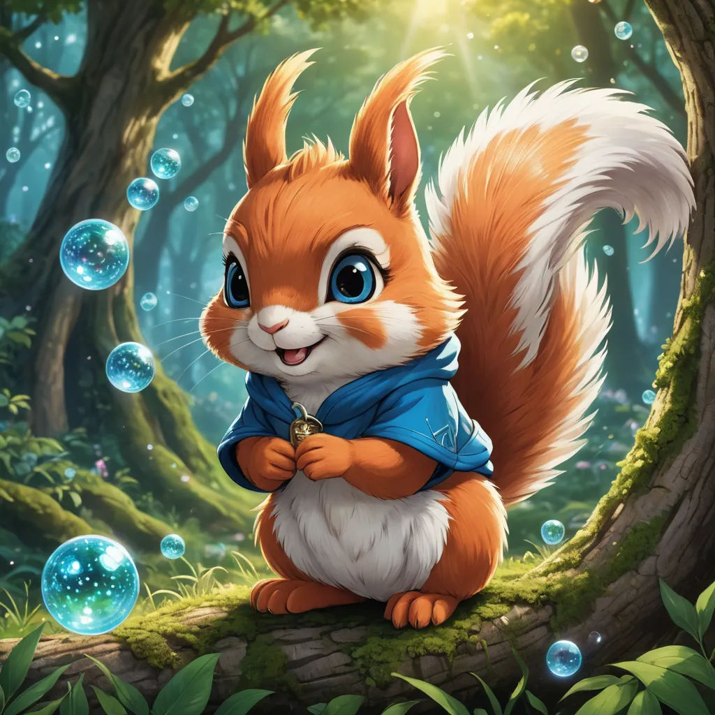 a squirrel is sitting on a tree branch in the forest with bubbles in the air and bubbles in the air, altermodern, a character portrait, Chippy, splash art