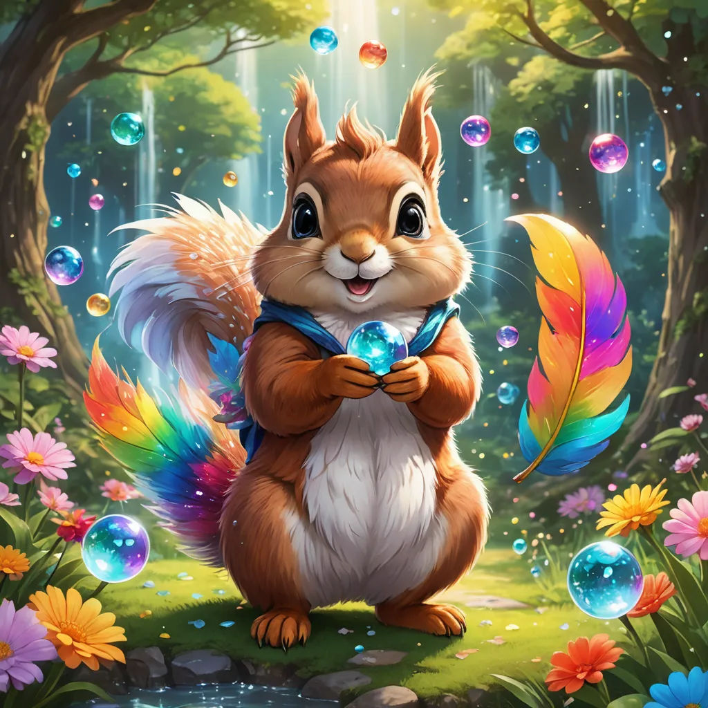 a squirrel holding a crystal ball in a forest with flowers and trees around it, with bubbles floating around it, furry art, a character portrait, Chris LaBrooy, splash art