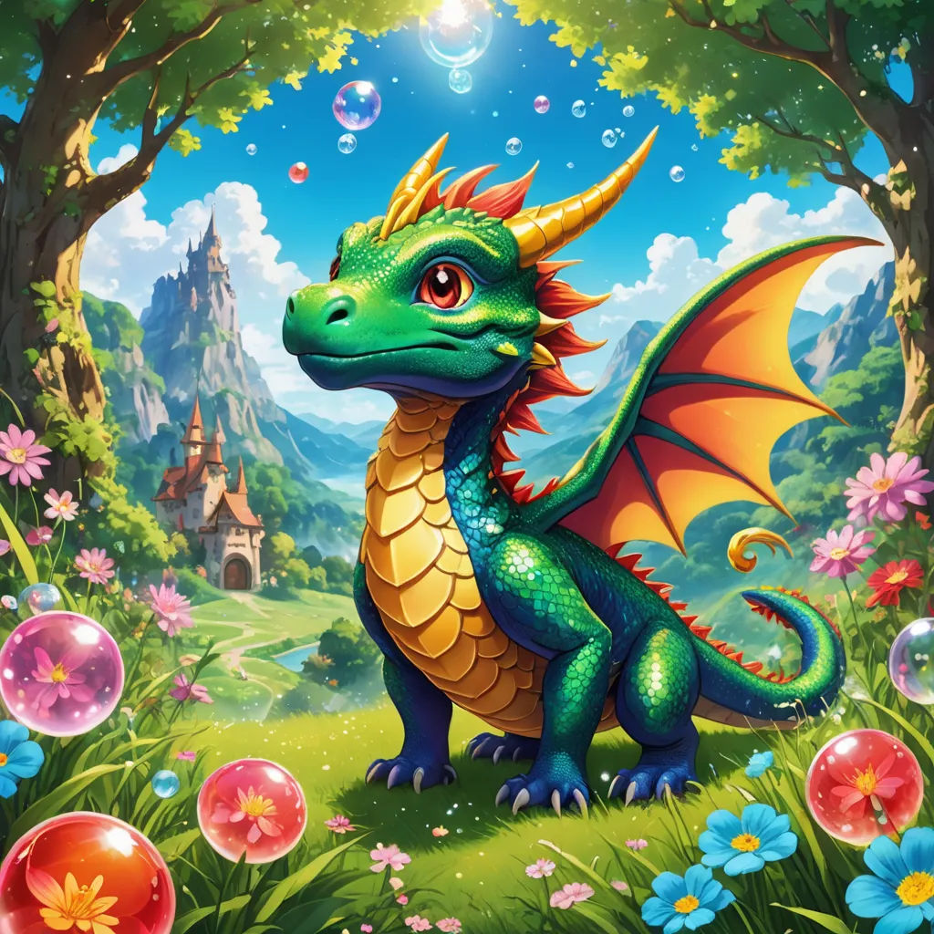 a dragon in a fantasy land with bubbles floating around it's body and a castle in the background, fantasy art, a storybook illustration, Anne Stokes, dragon art