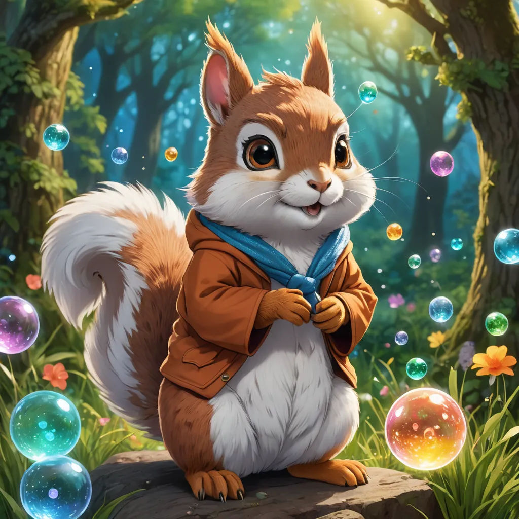 a squirrel is sitting on a rock in the forest with bubbles around him and a forest background is depicted, furry art, a character portrait, Chippy, splash art