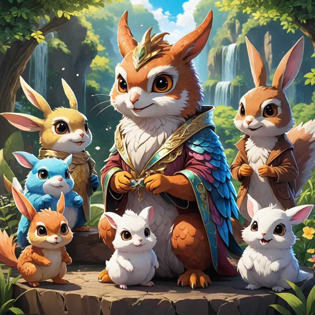 a painting of a group of rabbits and a fox in a forest with waterfall in the background and a waterfall in the background, sots art, a character portrait, Fan Qi, splash art