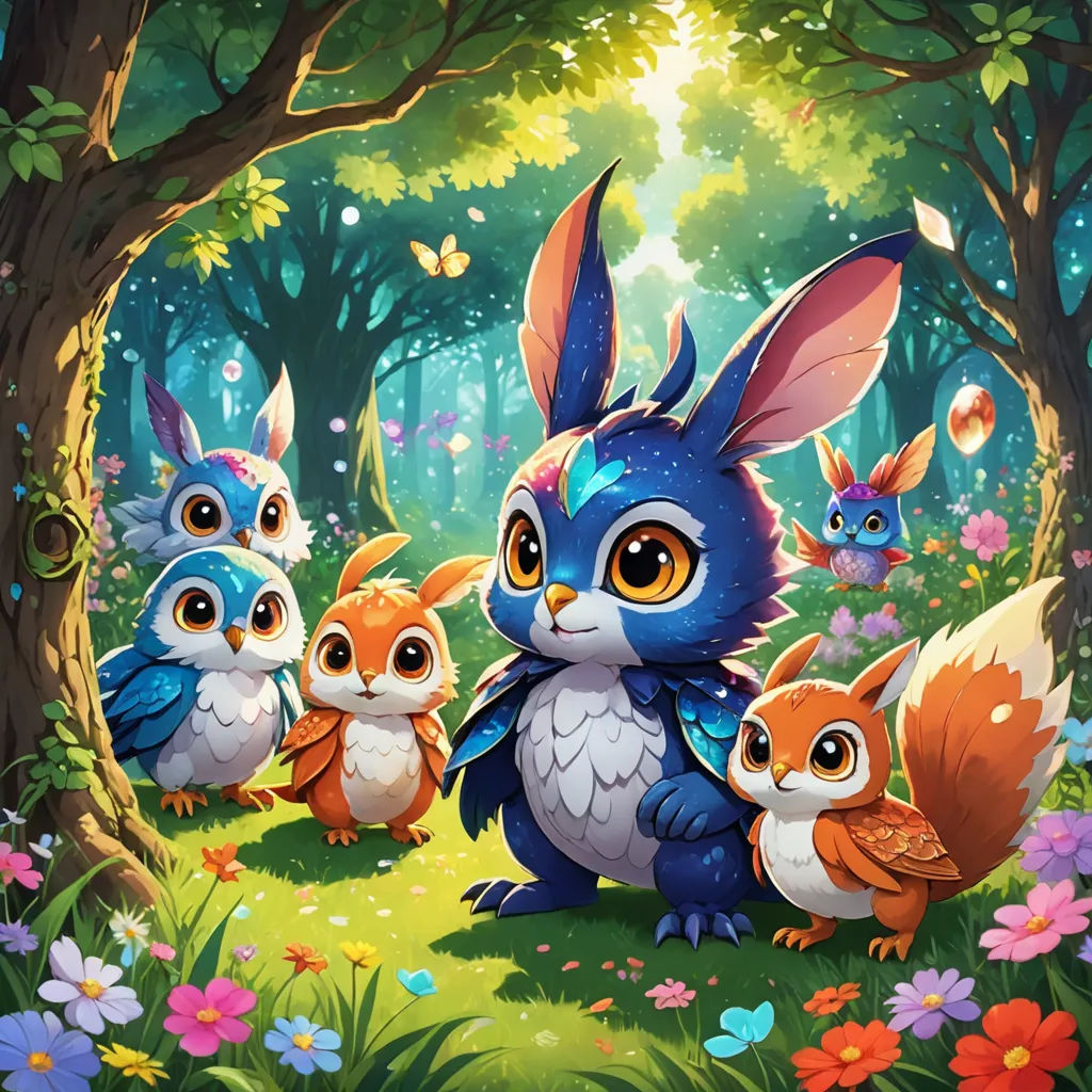 a group of animals that are in the grass near trees and flowers, with a forest background, with a blue bunny surrounded by smaller ones, fantasy art, concept art, Chris LaBrooy, official art