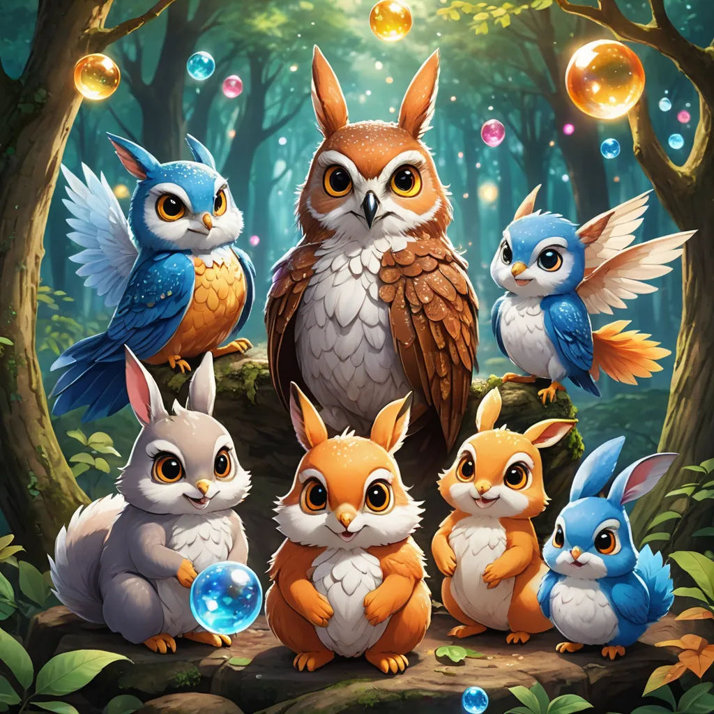 a group of animals that are sitting in the woods together with bubbles in the air above them and a forest background, fantasy art, concept art, Chris LaBrooy, splash art