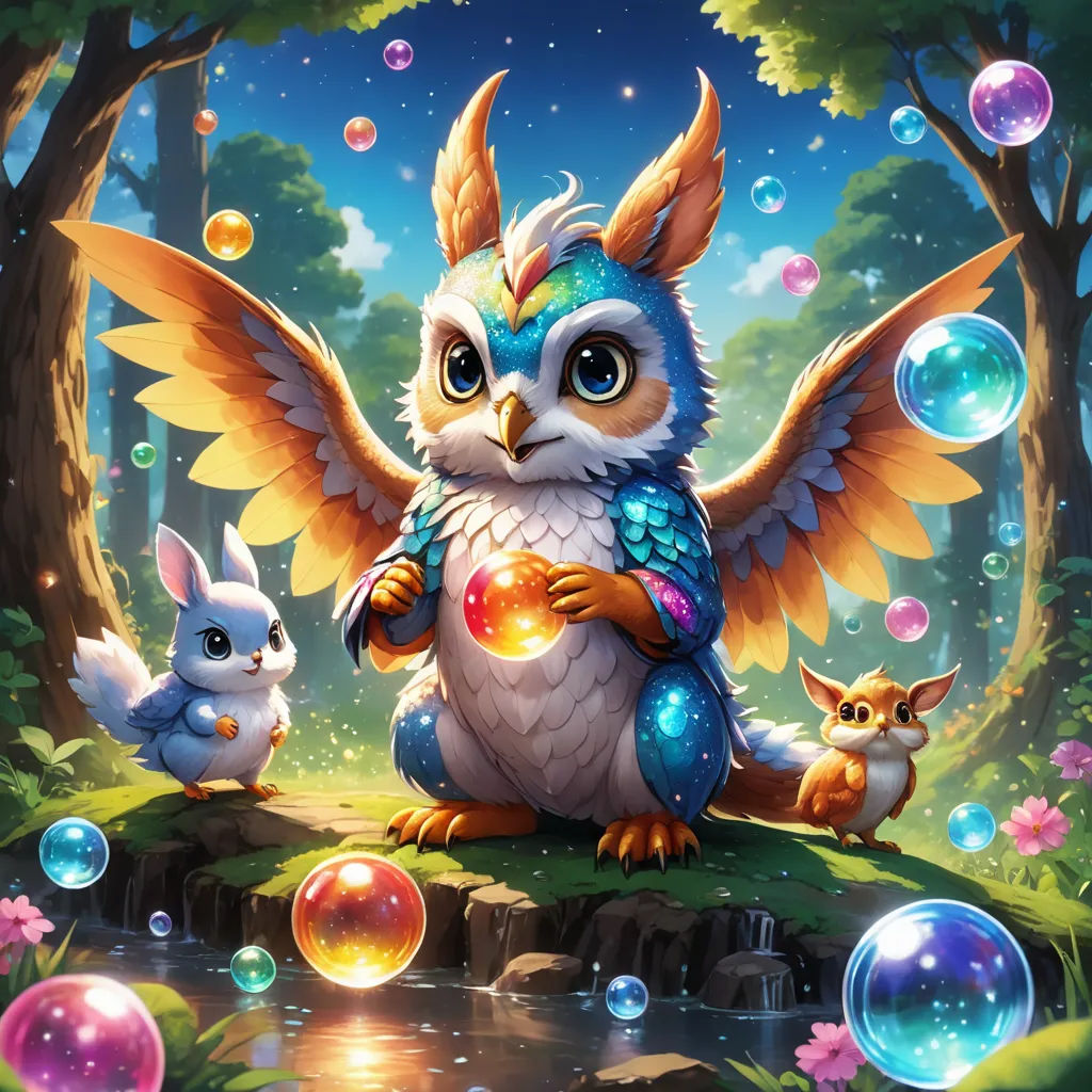 a painting of an owl and two rabbits in a forest with bubbles and bubbles around it, with a pond and trees, fantasy art, a detailed painting, Chris LaBrooy, rossdraws global illumination