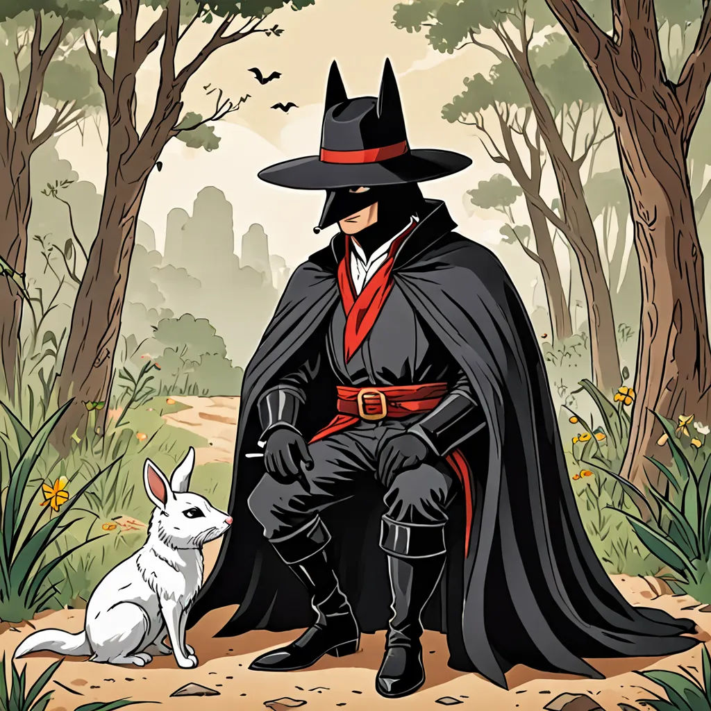 a man in a black cloak and hat sitting on a bench next to a white dog in a forest, fantasy art, a storybook illustration, Colin Middleton, comic cover art