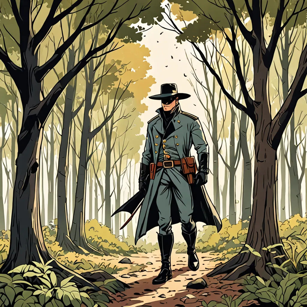 a man in a trench coat and hat walking through a forest with trees and leaves on the ground,, private press, a comic book panel, Diego Gisbert Llorens, western comic book art