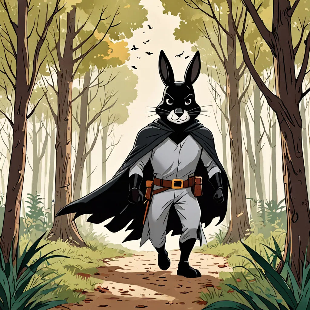 a cartoon of a rabbit dressed as a batman in the woods with a cape on and a mask on, underground comix, a storybook illustration, Beatrix Potter, comic cover art