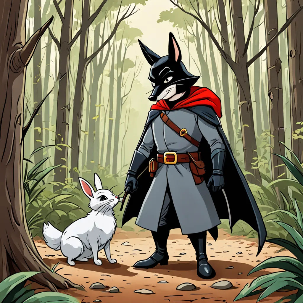 a cartoon of a man in a costume and a rabbit in a forest with trees and leaves on the ground, furry art, a storybook illustration, Diego Gisbert Llorens, storybook illustration