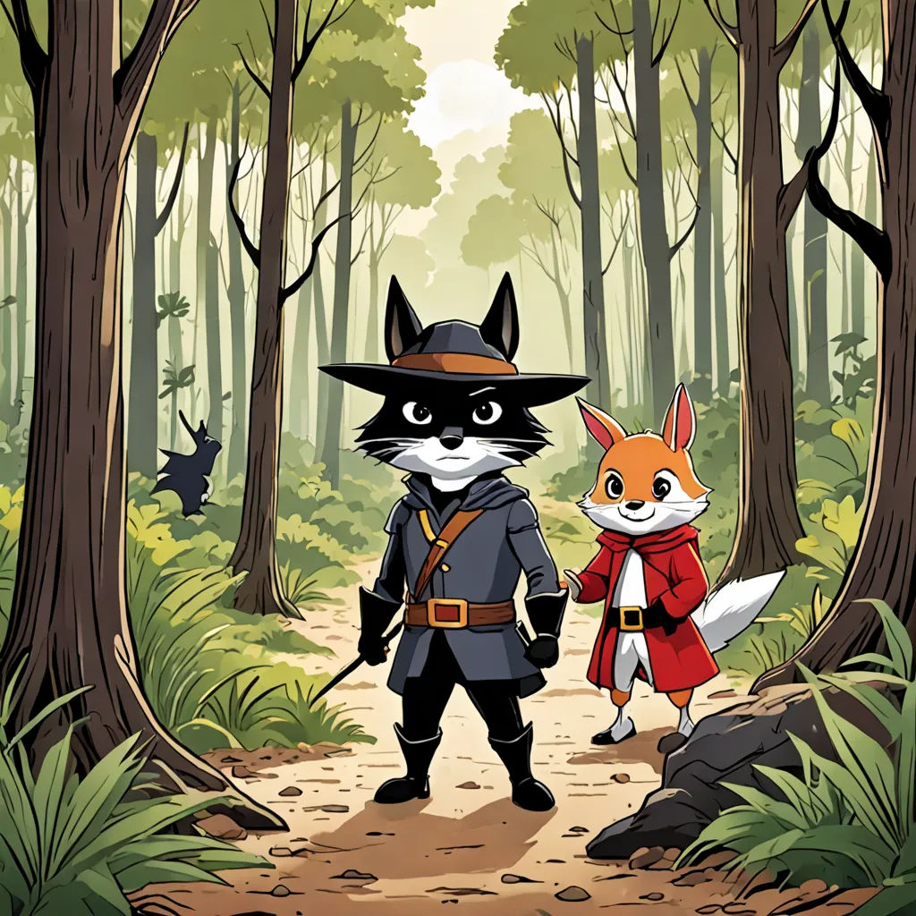 a couple of animals standing in the woods together in front of trees and a fox wearing a hat and coat, furry art, a storybook illustration, Bob Ringwood, promotional image