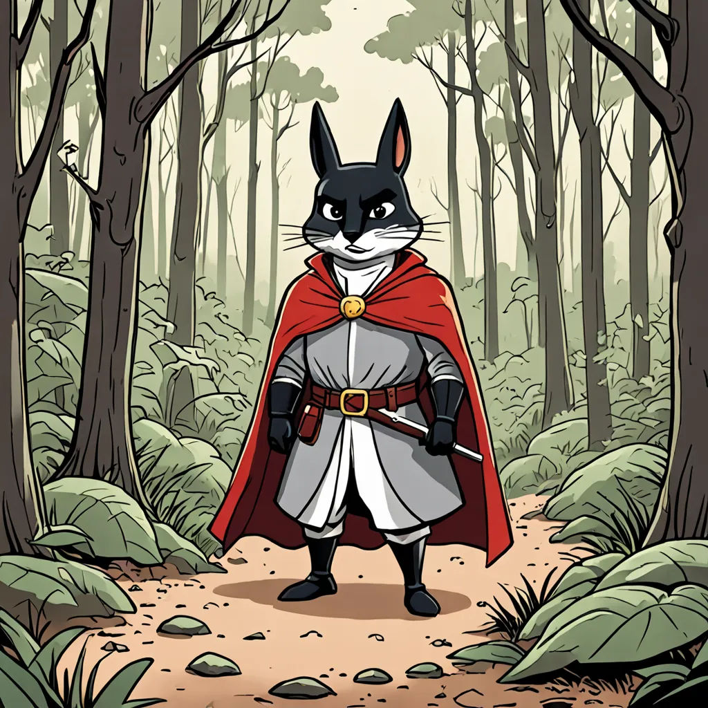 a cartoon of a cat dressed as a knight in a forest with trees and rocks on the ground and a path leading to the woods, furry art, a character portrait, Anson Maddocks, character portrait