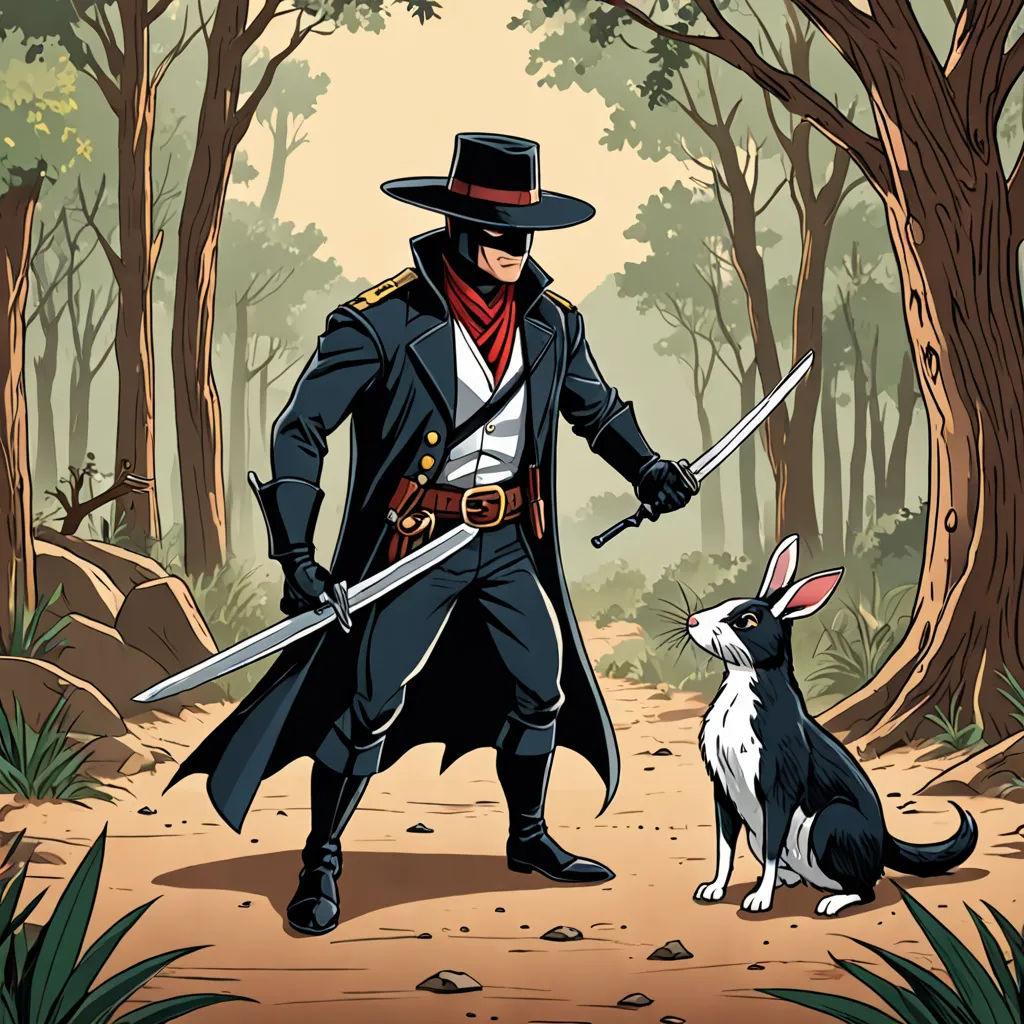 a man in a hat and coat holding a sword next to a dog in a forest with trees and a dog, serial art, a storybook illustration, Diego Gisbert Llorens, western comic book art