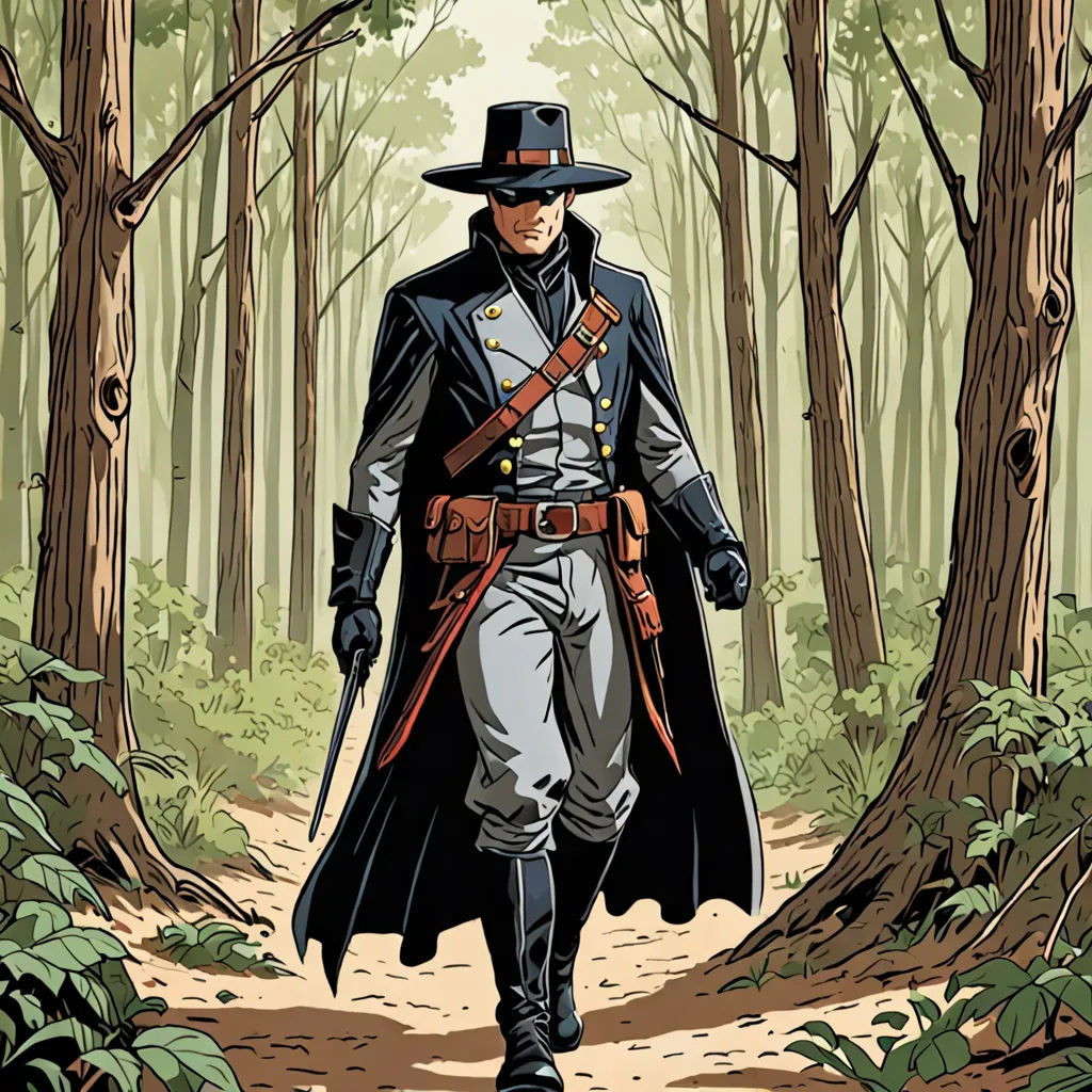 a man in a hat and coat walking through a forest with a gun in his hand and a gun in his other hand, fantasy art, a comic book panel, Dirk Crabeth, western comic book art
