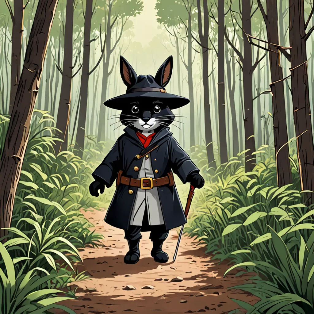 a cat dressed in a black coat and hat walking in the woods with a cane in his hand and a cane in his other hand, furry art, a character portrait, Beatrix Potter, character portrait