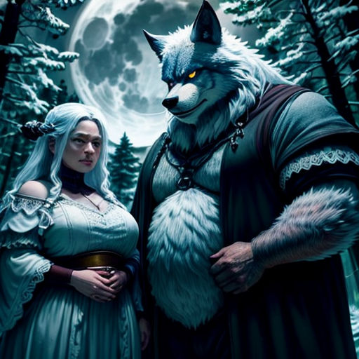 a couple of people standing next to each other in front of a wolf moon filled forest with trees and a full moon