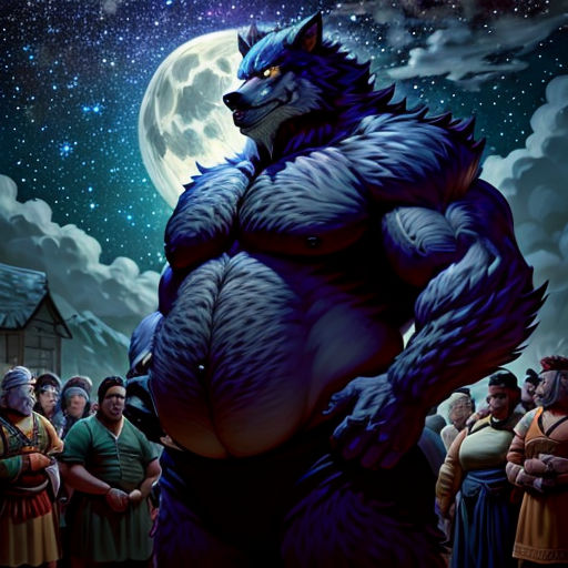 a painting of a big furry creature standing in front of a crowd of people in a night sky with stars