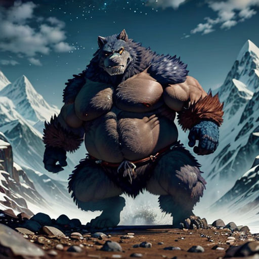 a big furry creature standing on a rocky hill in the snow with mountains in the background and stars in the sky