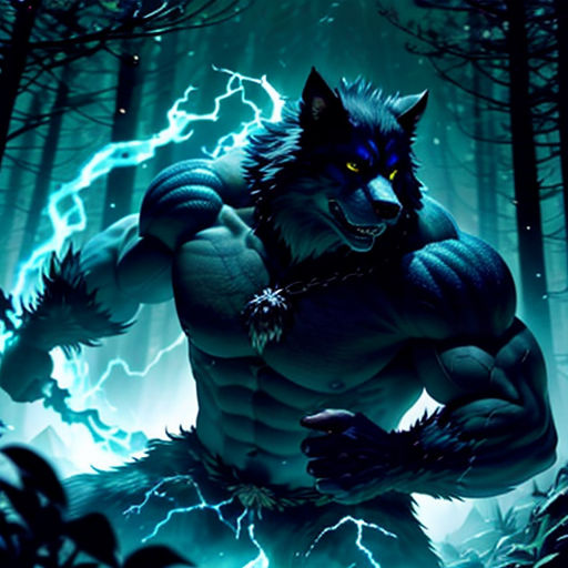 a wolf with a lightning background and a forest scene with trees and lightnings in the background, and a wolf with a lightning bolt in his right hand