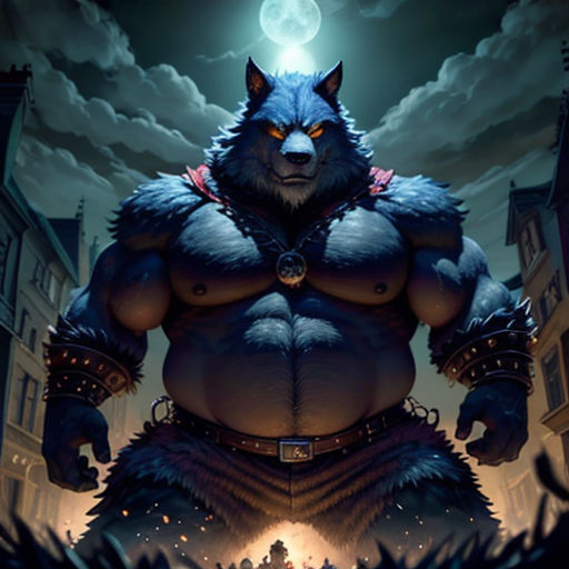 a wolf with a huge chest and a huge chest, standing in front of a city at night with a full moon