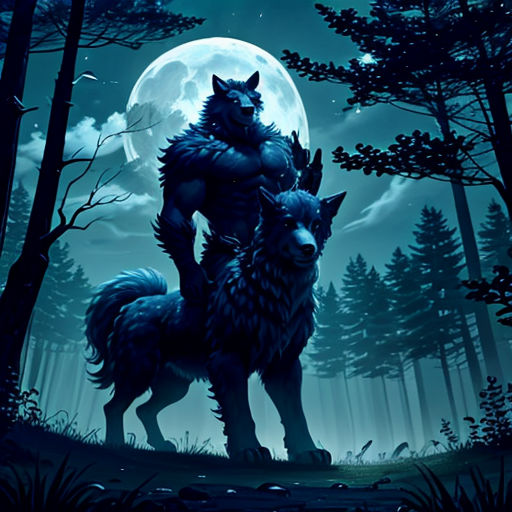 a wolf standing on its hind legs in the woods at night with the moon in the background and trees