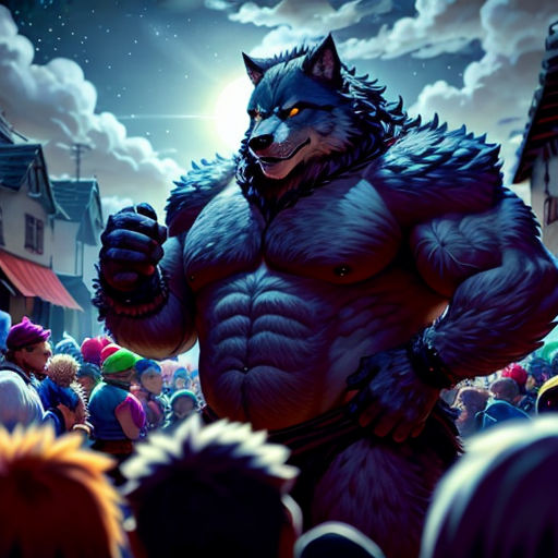 a large furry animal standing in front of a crowd of people in a city at night with a full moon