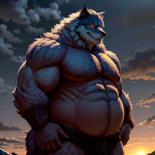 a cartoon character with a big furry body and a wolf like head, standing in front of a sunset