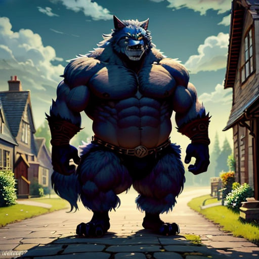 a cartoon character standing on a street with a big furry animal in his hand and a house in the background