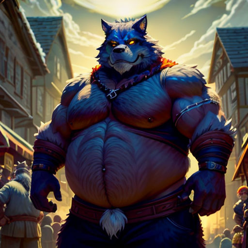 a painting of a man in a furry outfit with a wolf on his chest and a full moon in the background