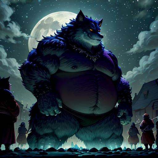 a large furry creature standing in front of a full moon sky with people standing around it and a full moon in the background