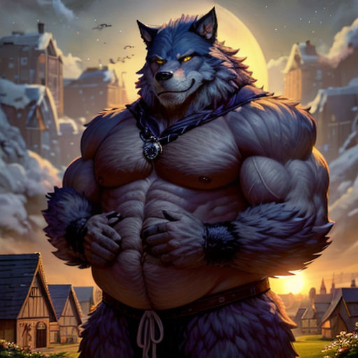 a wolf with a chest and a chain around his neck, standing in front of a full moon and a village