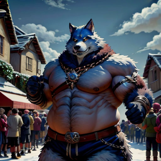 a man dressed as a wolf standing in front of a crowd of people in a town square with a sky background