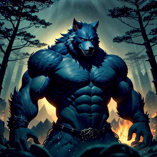 a wolf with a chain around his neck in the woods with trees and rocks in the background, and a glowing sky above