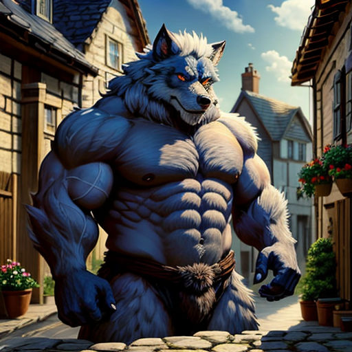 a painting of a wolf standing in a street with a house in the background and a sky background with clouds