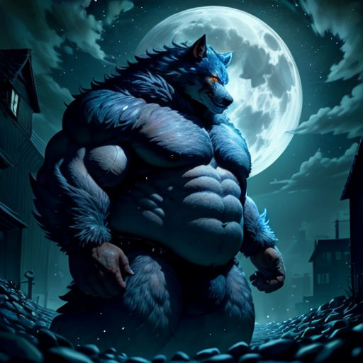 a wolf standing in the middle of a street at night with a full moon behind it and a building in the background
