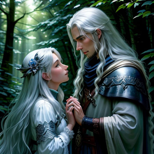 a couple of people standing next to each other in a forest with trees and leaves behind them, one of them is holding the other hand