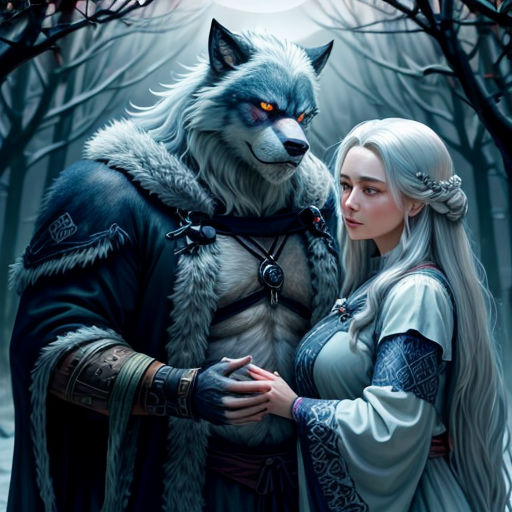 a woman and a wolf standing in the woods together, with a full moon behind them, and a wolf in the background