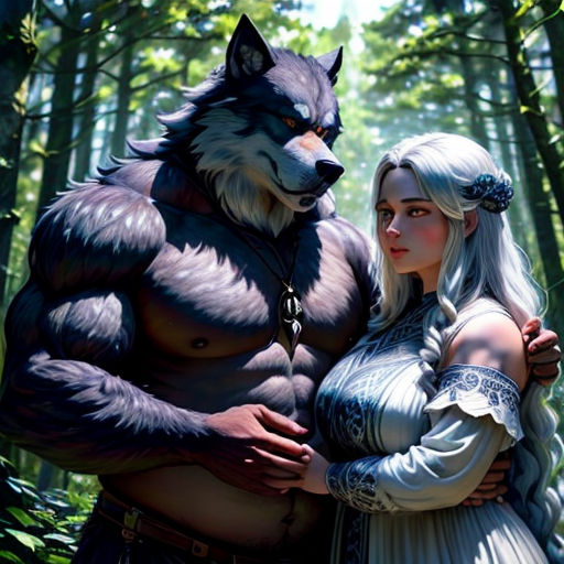 a woman and a wolf standing in the woods together, with trees in the background and a forest scene behind her