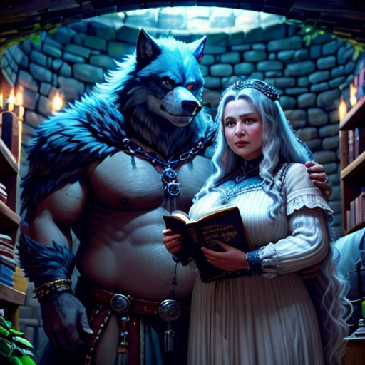 a woman and a wolf are standing in a library together, reading a book together, and looking at a book