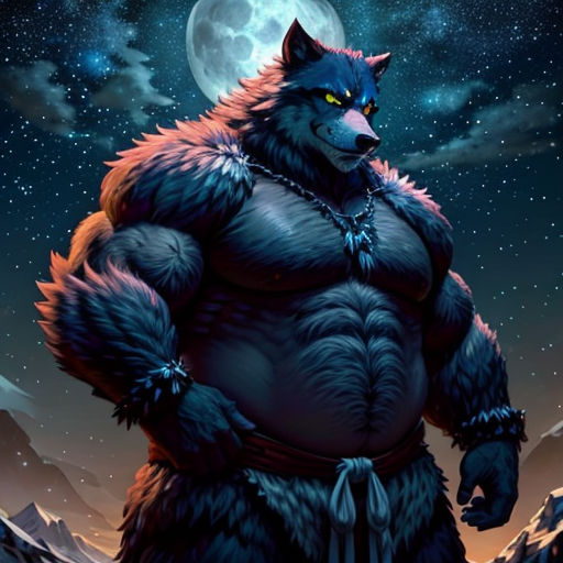 a wolf with a chain around his neck and a moon in the background with stars and clouds in the sky