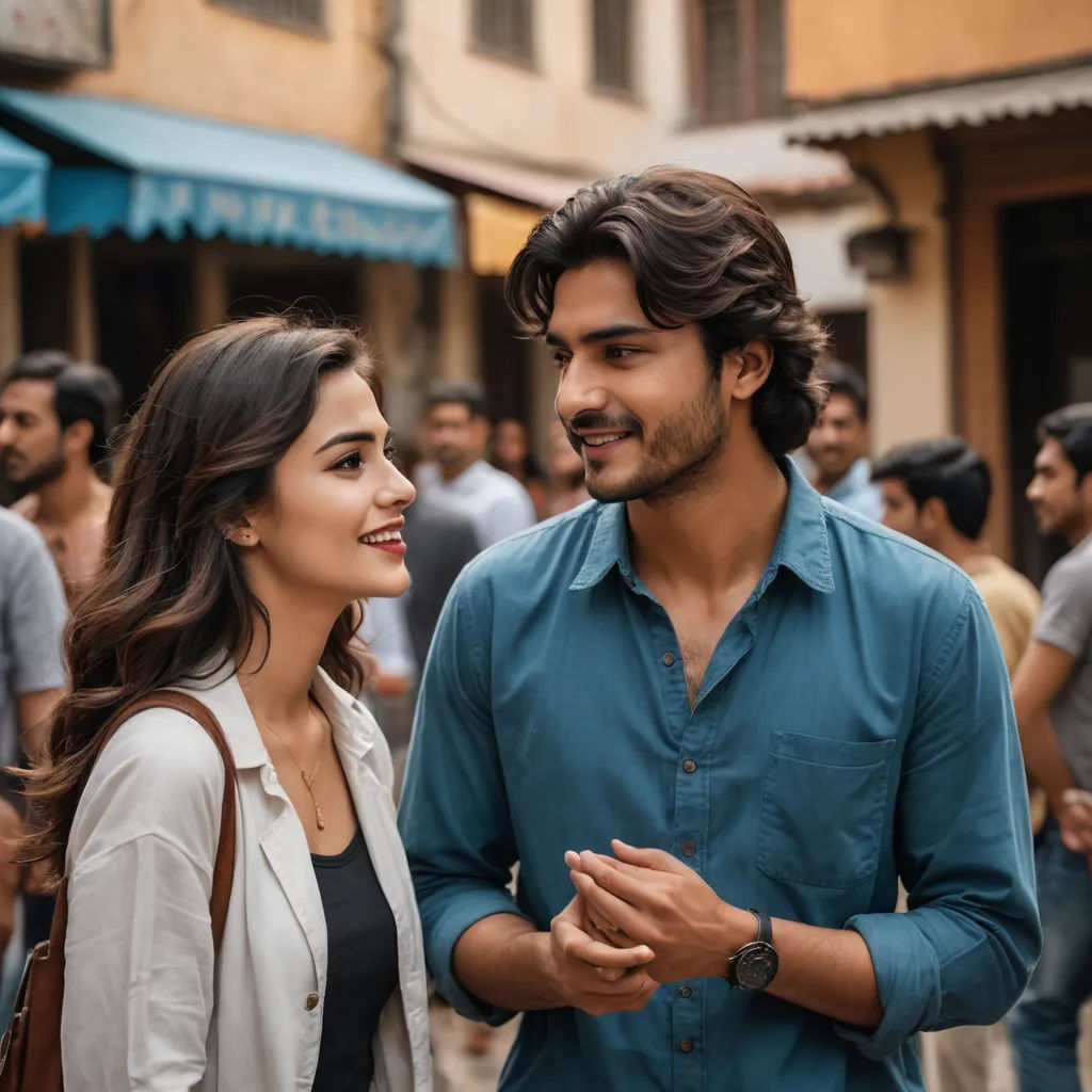 a man and a woman standing in front of a crowd of people in a city street, smiling at each other, samikshavad, a poster, Fathi Hassan, movie still